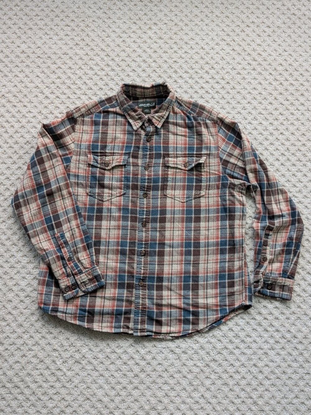 Eddie Bauer Mens Flannel Shirt Large Blue Brown Plaid Double Pocket